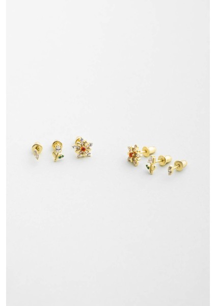 Papatya Çiçeği 18 Ayar Sarı Altın Kaplama Gümüş Çoklu Küpe