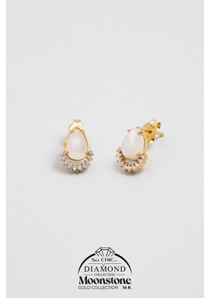 Ay Taşlı 14 Ayar Sarı Altın Pırlanta Küpe