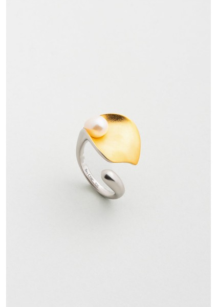 Inci Yaprağı 18 Ayar Sarı ve Beyaz Altın Kaplama Ayarlanabilir Gümüş Yüzük