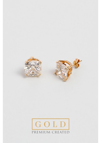 14 Ayar Sarı Altın Sertifikalı Premium Created Cushion Taşlı Tektaş Küpe