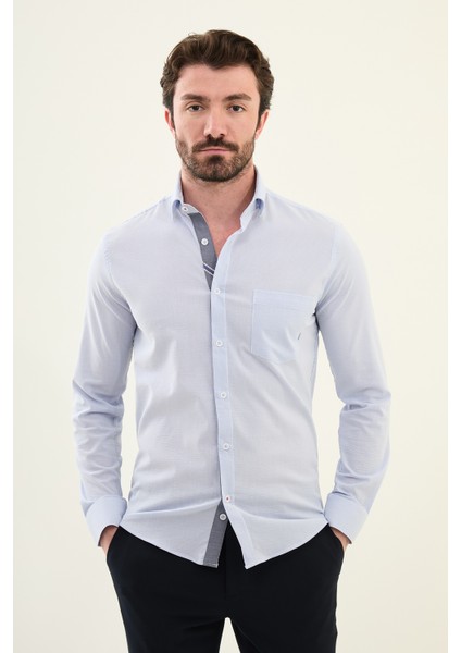Desenli Mavi Slim Fit Pamuk Erkek Gömlek