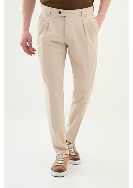Pileli Bej Super Slim Fit Erkek Pantolon