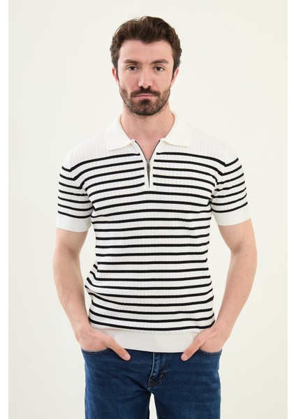 Çizgili Ekru Slim Fit Fermuarlı Polo Yaka Erkek Triko T-Shirt