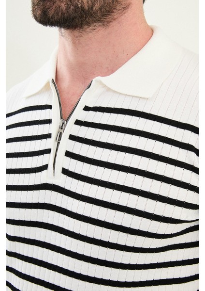 Çizgili Ekru Slim Fit Fermuarlı Polo Yaka Erkek Triko T-Shirt fiyatları