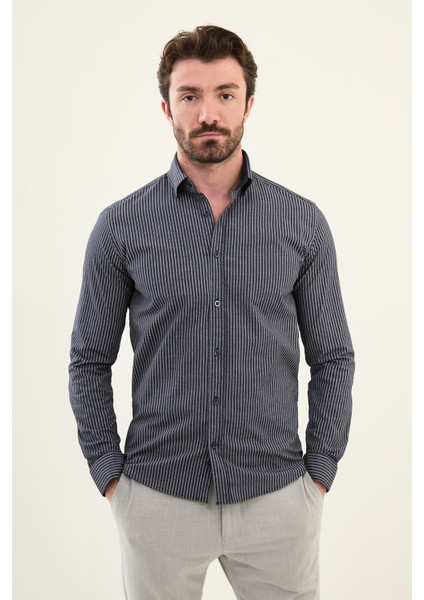 Çizgili Lacivert Slim Fit Pamuk Erkek Gömlek