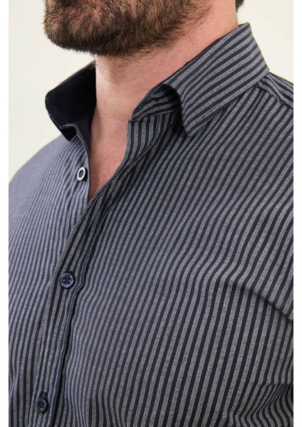 Çizgili Lacivert Slim Fit Pamuk Erkek Gömlek fiyatları