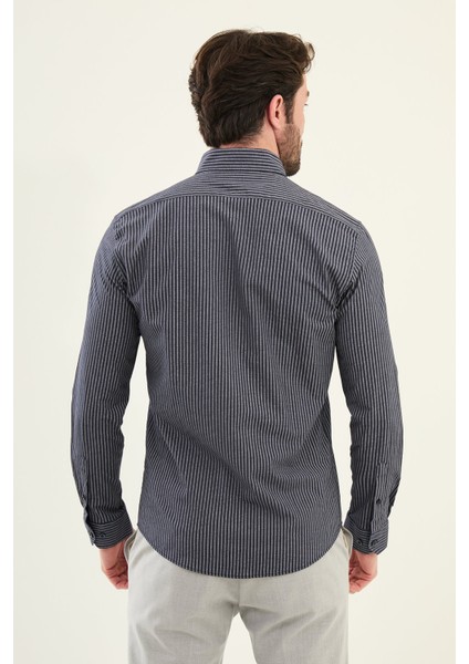 Çizgili Lacivert Slim Fit Pamuk Erkek Gömlek modelleri