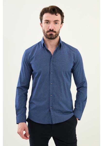 Desenli Indigo Slim Fit Pamuk Erkek Gömlek