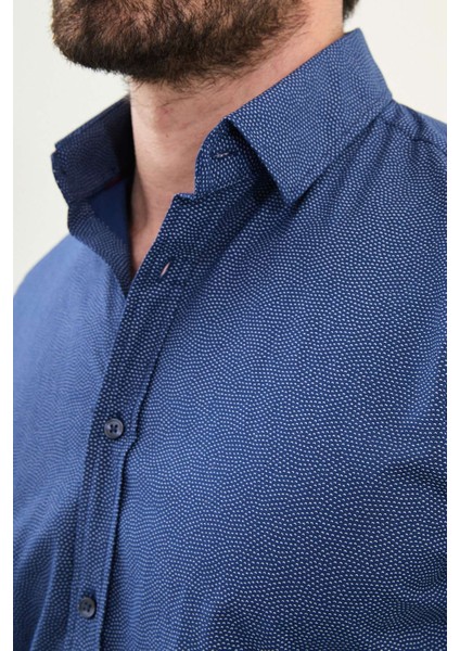Desenli Indigo Slim Fit Pamuk Erkek Gömlek fiyatları