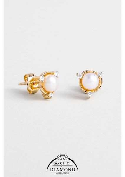 Diamond Collection 14 K Sarı Altın 0,07 Karat Pırlanta Doğal Inci Küpe