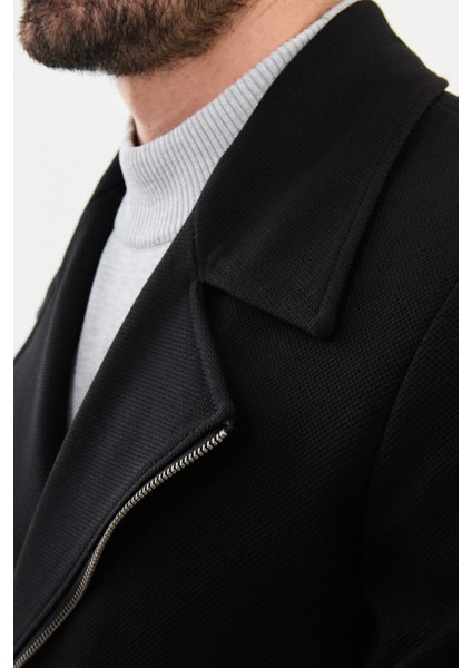 Desenli Siyah Slim Fit Çarpraz Fermuarlı Geniş Yaka Yün Erkek Kaban modelleri