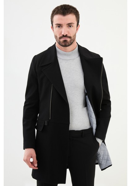 Desenli Siyah Slim Fit Çarpraz Fermuarlı Geniş Yaka Yün Erkek Kaban fırsatları