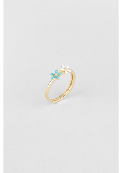 Santorini Çiçeği 18 Ayar Sarı Altın Kaplama Ayarlanabilir Gümüş Yüzük