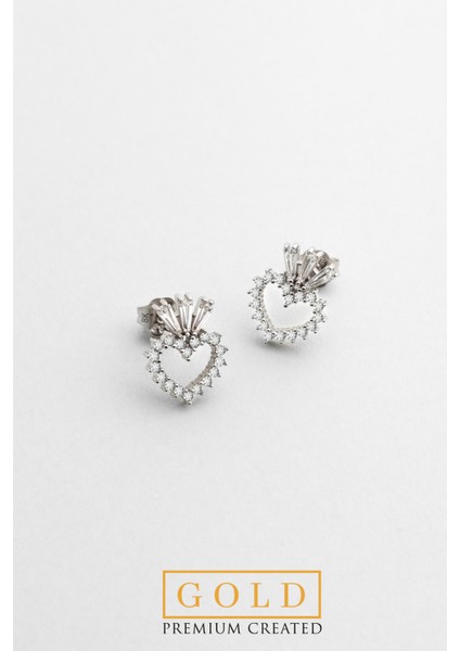 Beyaz Altın Sertifikalı Premium Created Trapez Taşlı Kalp Küpe