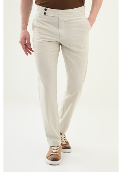 Desenli Taş Rengi Slim Fit Beli Tokalı Erkek Pantolon