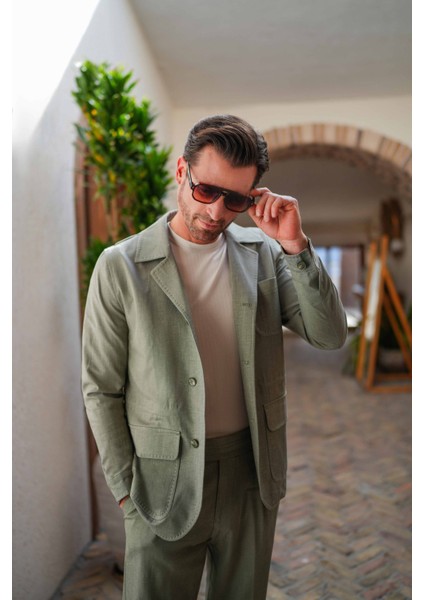 Düz Haki Slim Fit Torba Cep Apaç Yaka Keten Erkek Trenchcoat