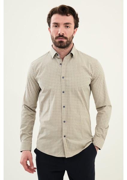 Desenli Bej Slim Fit Pamuk Erkek Gömlek