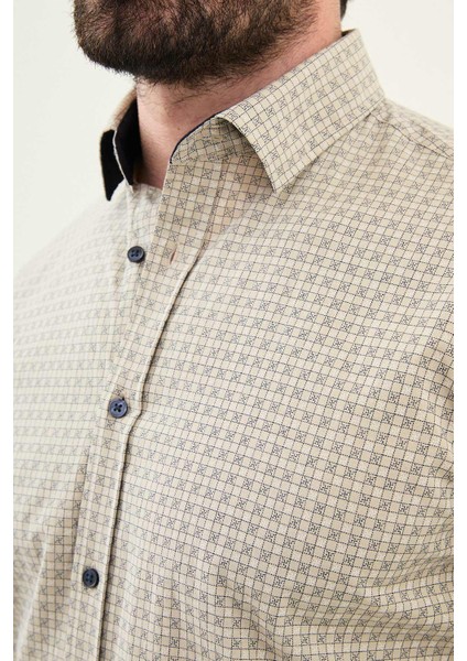 Desenli Bej Slim Fit Pamuk Erkek Gömlek fiyatları