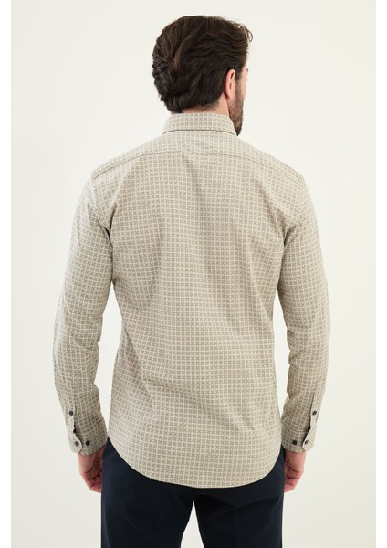 Desenli Bej Slim Fit Pamuk Erkek Gömlek modelleri
