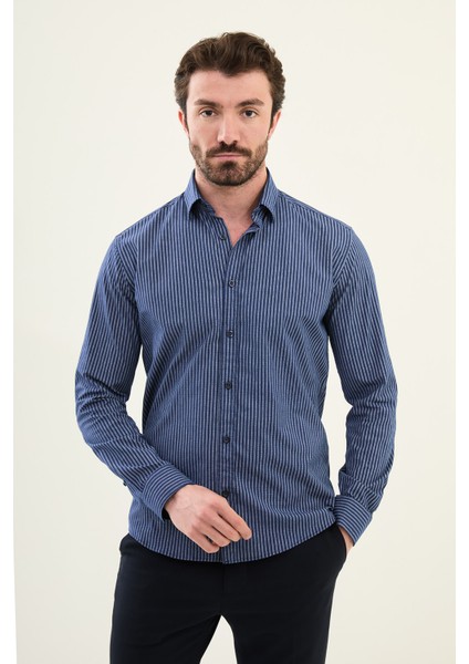 Çizgili Açık Lacivert Slim Fit Pamuk Erkek Gömlek