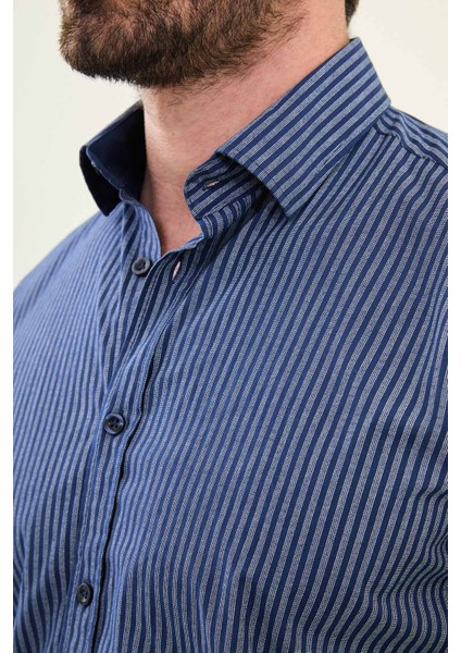 Çizgili Açık Lacivert Slim Fit Pamuk Erkek Gömlek fiyatları