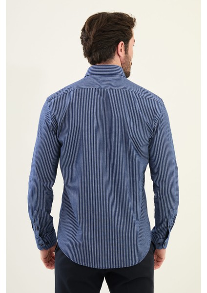 Çizgili Açık Lacivert Slim Fit Pamuk Erkek Gömlek modelleri