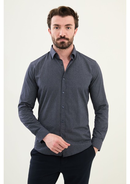 Desenli Lacivert Slim Fit Pamuk Erkek Gömlek