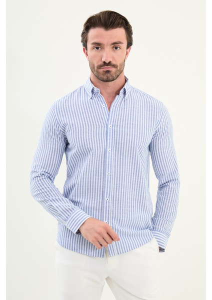 Çizgili Slim Fit Uzun Kollu Keten Erkek Gömlek