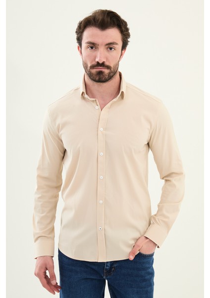 Gofreli Bej Slim Fit Pamuk Erkek Gömlek