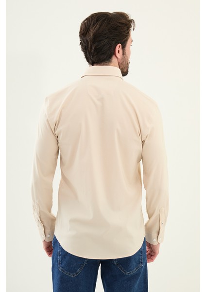 Gofreli Bej Slim Fit Pamuk Erkek Gömlek modelleri