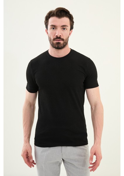 Desenli Siyah Slim Fit Bisiklet Yaka Erkek T-Shirt