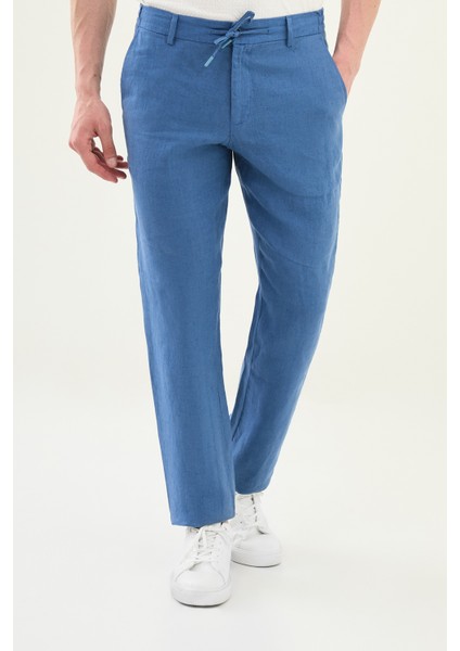Düz Indigo Slim Fit %100 Keten Erkek Pantolon