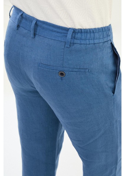Düz Indigo Slim Fit %100 Keten Erkek Pantolon fırsatları
