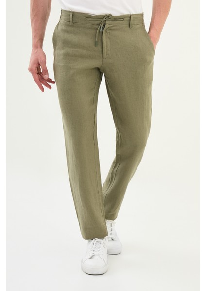 Düz Haki Slim Fit %100 Keten Erkek Pantolon