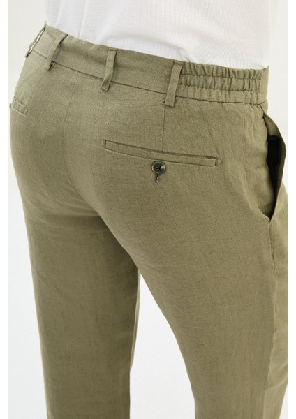 Düz Haki Slim Fit %100 Keten Erkek Pantolon fırsatları