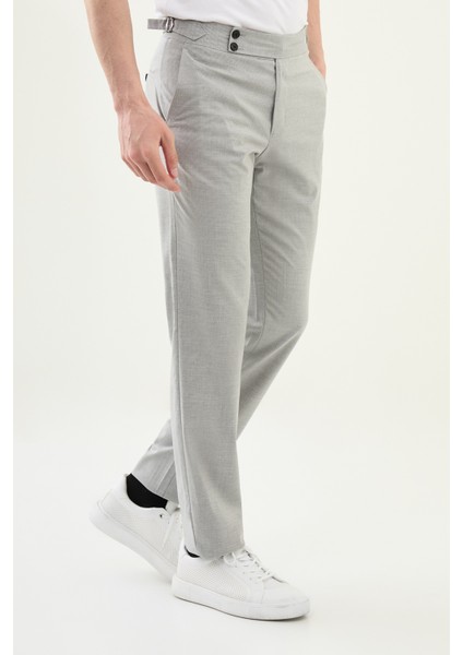 Desenli Gri Slim Fit Beli Tokalı Erkek Pantolon