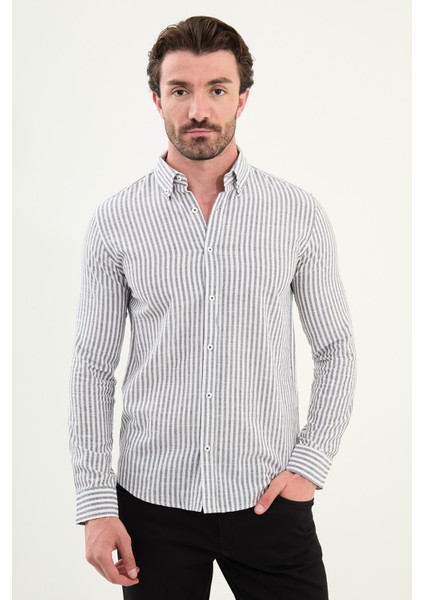 Çizgili Slim Fit Uzun Kollu Keten Erkek Gömlek