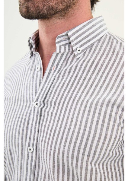 Çizgili Slim Fit Uzun Kollu Keten Erkek Gömlek fiyatları