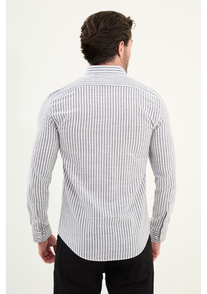 Çizgili Slim Fit Uzun Kollu Keten Erkek Gömlek modelleri