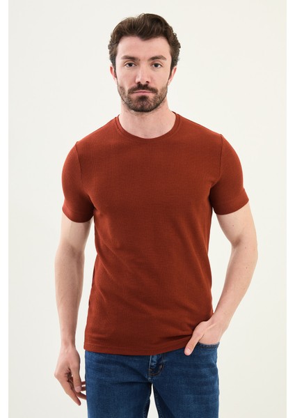 Desenli Kiremit Slim Fit Bisiklet Yaka Erkek T-Shirt