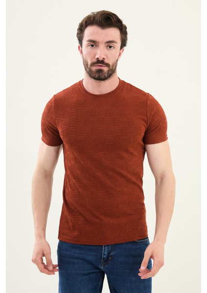 Desenli Kiremit Slim Fit Bisiklet Yaka Erkek T-Shirt