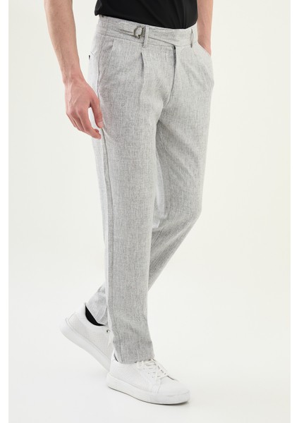 Kırçıllı Slim Fit Beli Tokalı Pileli Keten Erkek Pantolon