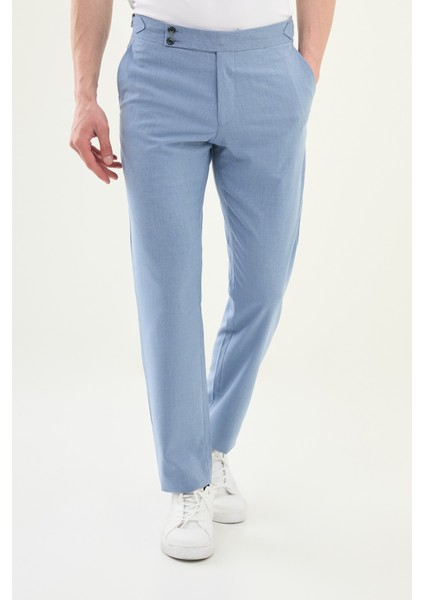 Desenli Mavi Slim Fit Beli Tokalı Erkek Pantolon