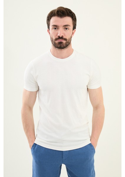 Desenli Ekru Slim Fit Bisiklet Yaka Erkek T-Shirt
