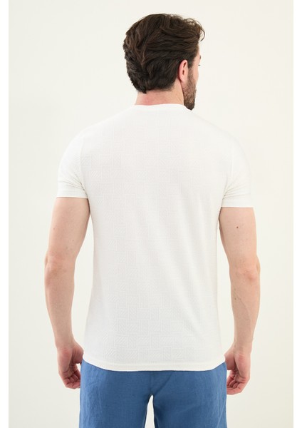 Desenli Ekru Slim Fit Bisiklet Yaka Erkek T-Shirt modelleri