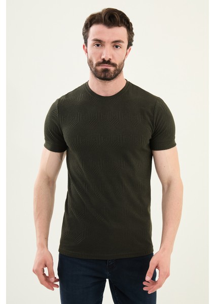 Desenli Haki Slim Fit Bisiklet Yaka Erkek T-Shirt