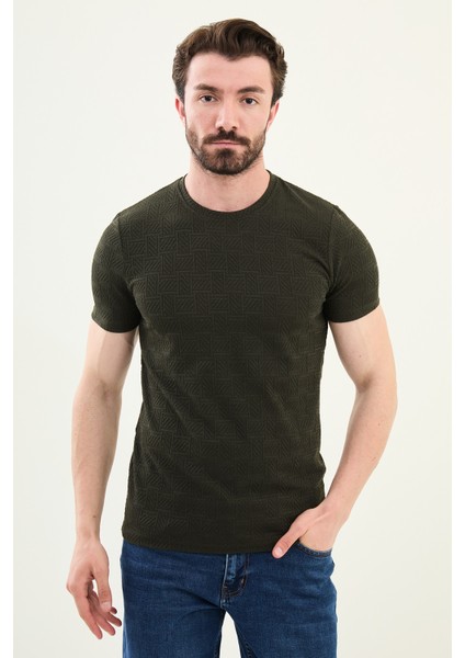 Desenli Haki Slim Fit Bisiklet Yaka Erkek T-Shirt