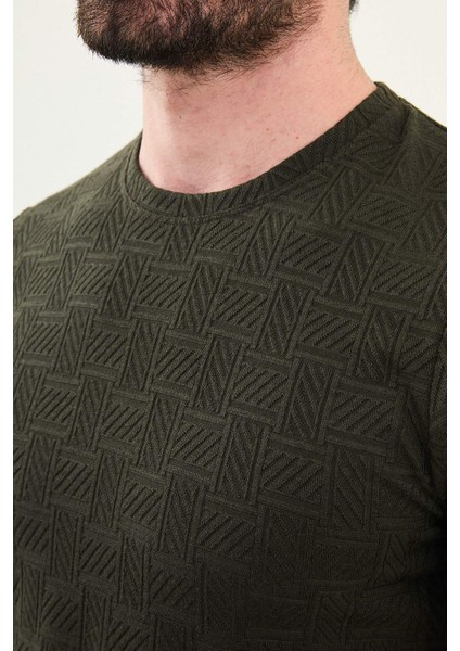 Desenli Haki Slim Fit Bisiklet Yaka Erkek T-Shirt fiyatları