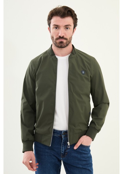 Düz Haki Slim Fit Hakim Yaka Erkek Mont