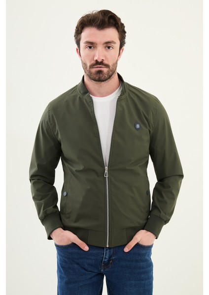 Düz Haki Slim Fit Hakim Yaka Erkek Mont modelleri